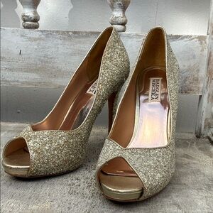 Badgley Mischka Glitter Gold Peep-Toe Heels Wedding Cocktail